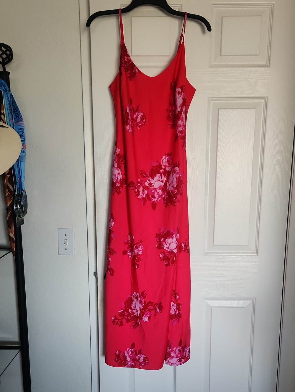 Red Floral Slip Maxi Dress with Pink Blooms